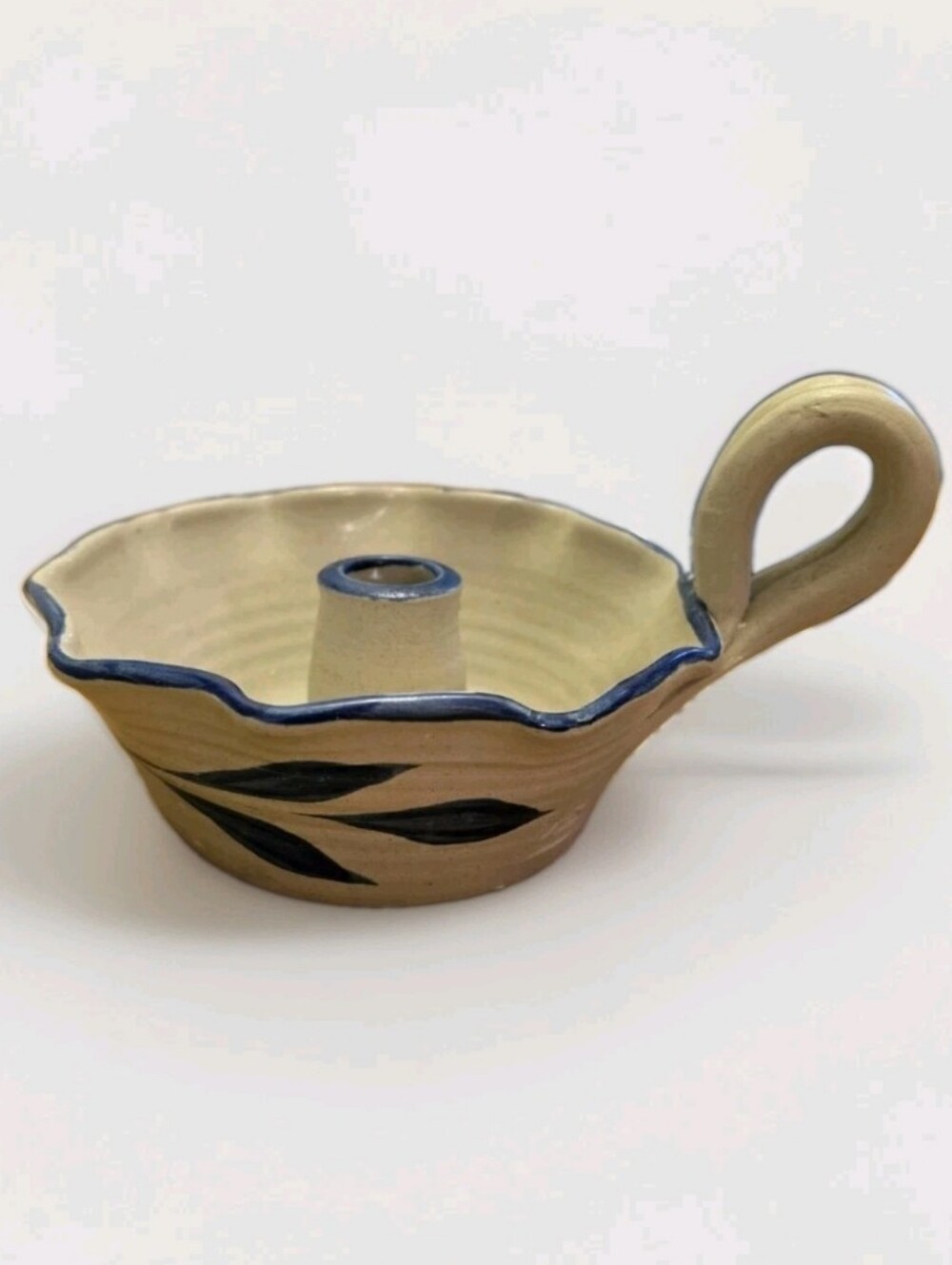 VTG Williamsburg Pottery Salt Glazed Chamberstick Candle Holder Blue Leaf